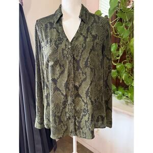 Express Portofino Shirt Snakeskin Print Button Down Blouse Olive Green Size L